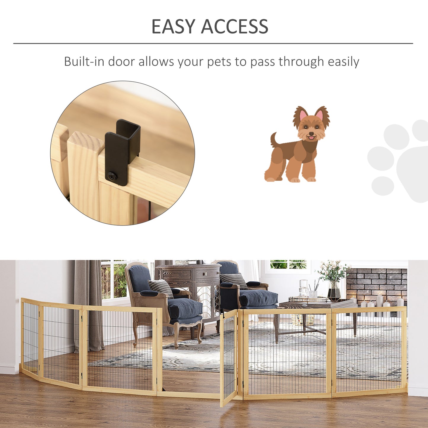 Wooden Pet Gate, Freestanding Dog Security Barrier with Two Support Feet - Natural Tone