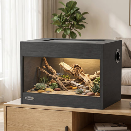 Reptile Terrarium, Reptile Vivarium with Glass Doors, Secure Lock, Top Ventilation for Snake, Gecko, 60x45x45cm, Black