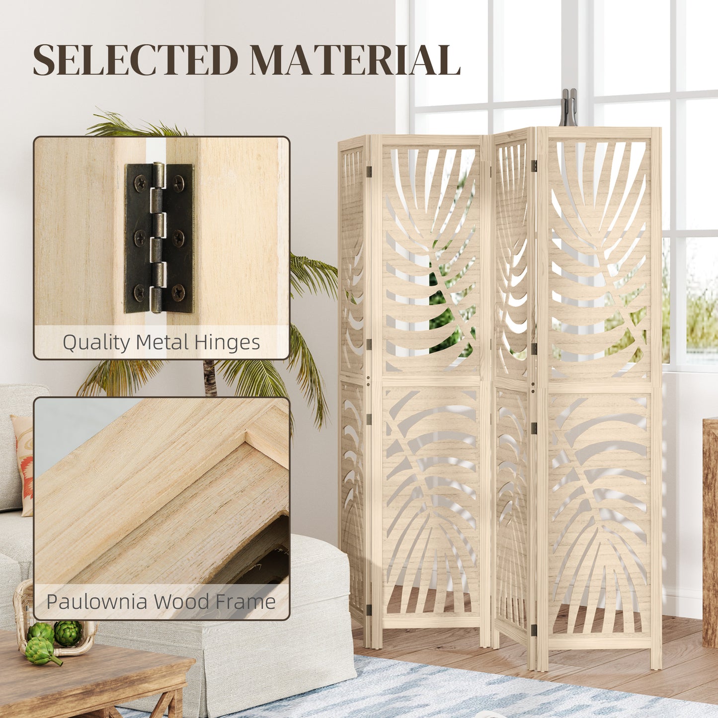 4 Panel Privacy Screens, Detachable Folding Room Divider with Palm Leaf Design for Home Office, Natural Wood Finish