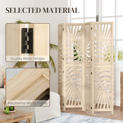 4 Panel Privacy Screens, Detachable Folding Room Divider with Palm Leaf Design for Home Office, Natural Wood Finish