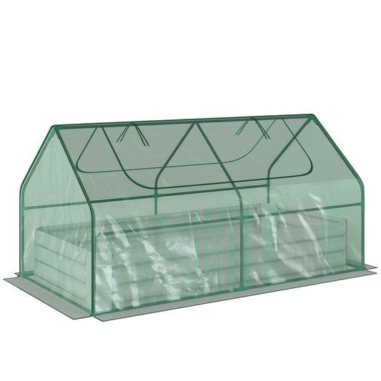Raised Garden Bed with Greenhouse, Steel Planter Box with Plastic Cover, Roll Up Window, Dual Use for Flowers, Vegetables
