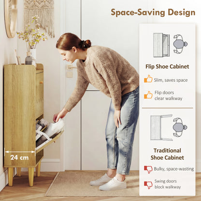 Narrow Shoe Cabinet, Modern Shoe Storage Cabinet with 2 Flip Drawers, Oak