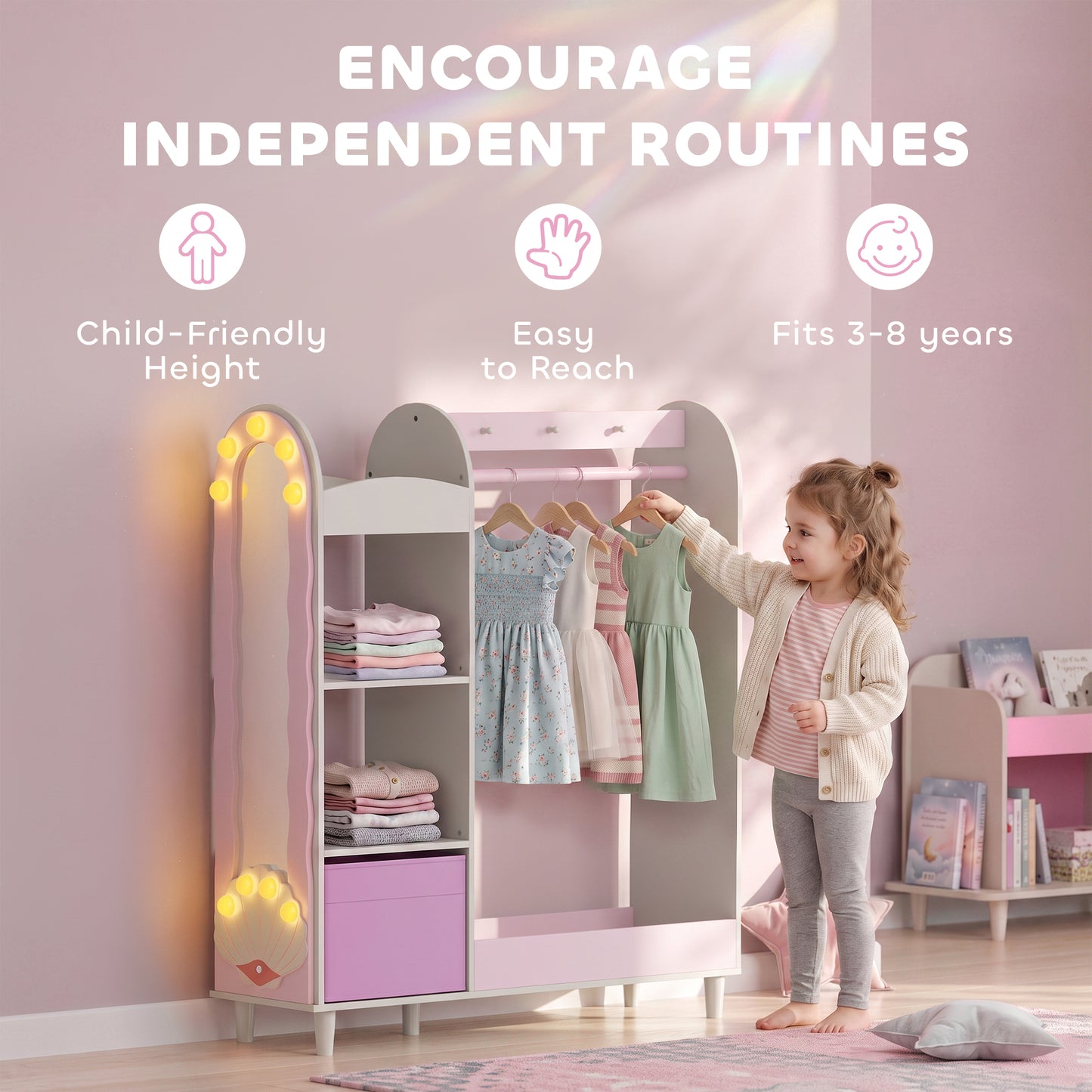 Kids Clothing Rack, Kids Wardrobe with Glowing Lights Mirror, Non-Woven Drawer and Shelves for Bedroom, Ages 3-8, Pink