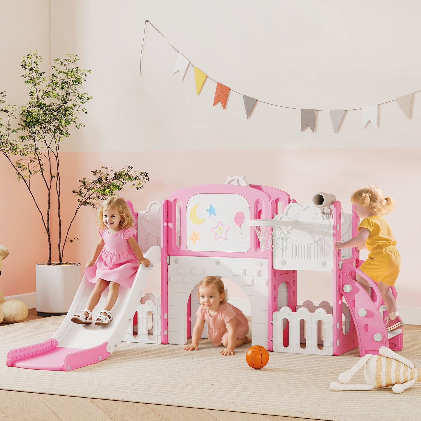 7 in 1 Toddler Slide Set with Basketball Hoop, Climbing Frame, Telescope, Drawing Board, Storage Box, Pink