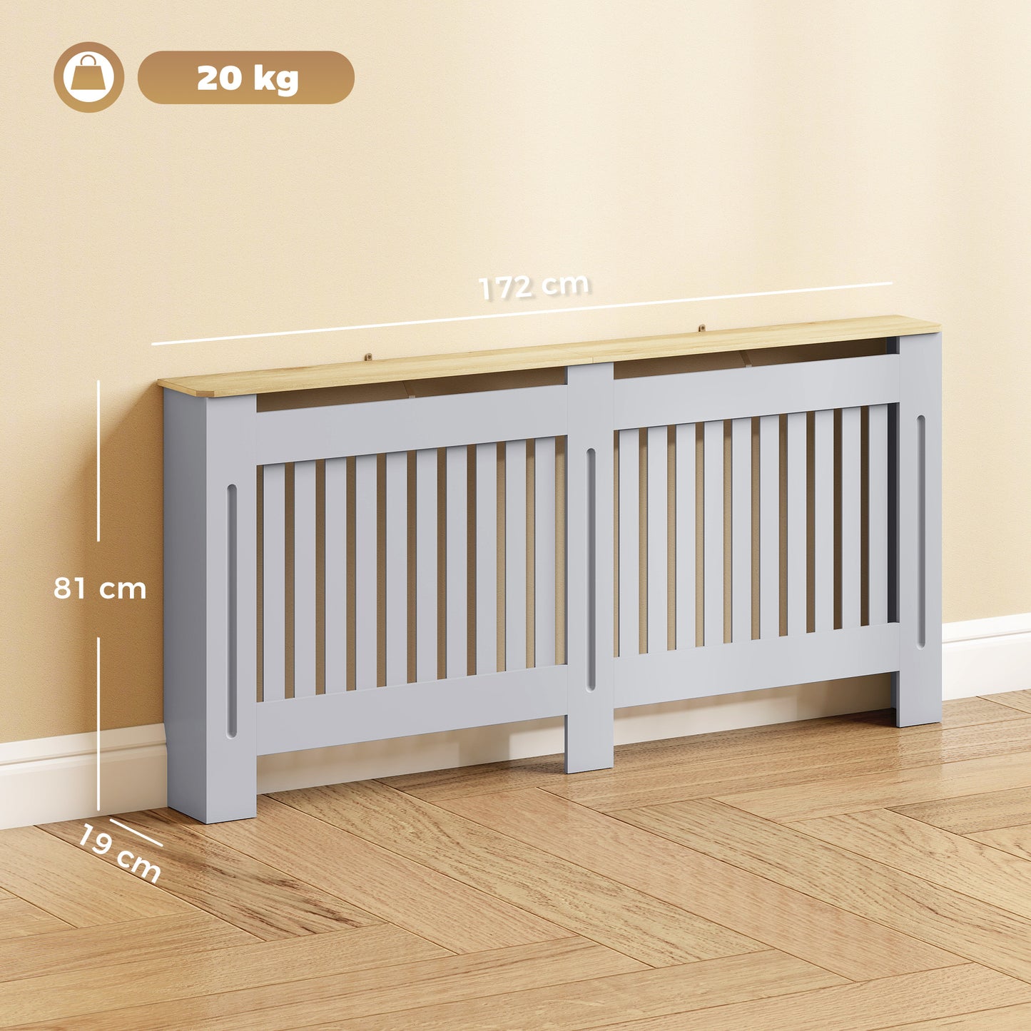 Slatted Radiator Cover, Painted Cabinet with Line Grill Design, 172L × 19W × 81H cm, Grey