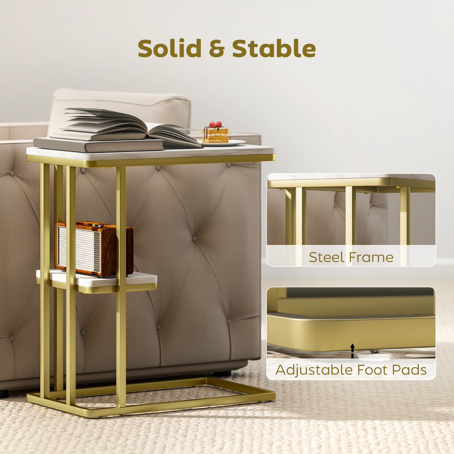 C-Shaped Narrow Side Table, 2-Tier Slim End Table, Nightstand for Small Spaces, Living Room, Bedroom, White Marble Grain