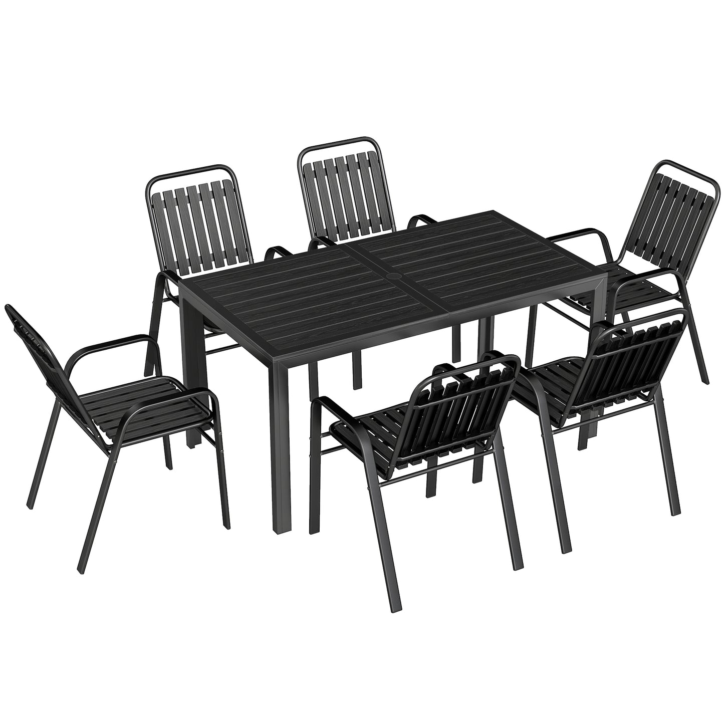 7 Pieces Outdoor Dining Set with Umbrella Hole, Garden Table and Chairs Set for 6 with Metal Table and Stackable Chairs