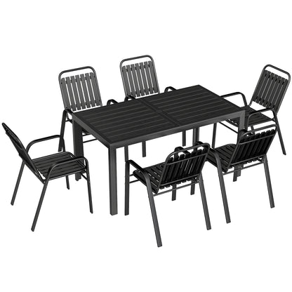 7 Pieces Outdoor Dining Set with Umbrella Hole, Garden Table and Chairs Set for 6 with Metal Table and Stackable Chairs