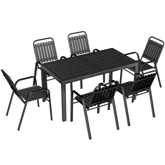 7 Pieces Outdoor Dining Set with Umbrella Hole, Garden Table and Chairs Set for 6 with Metal Table and Stackable Chairs
