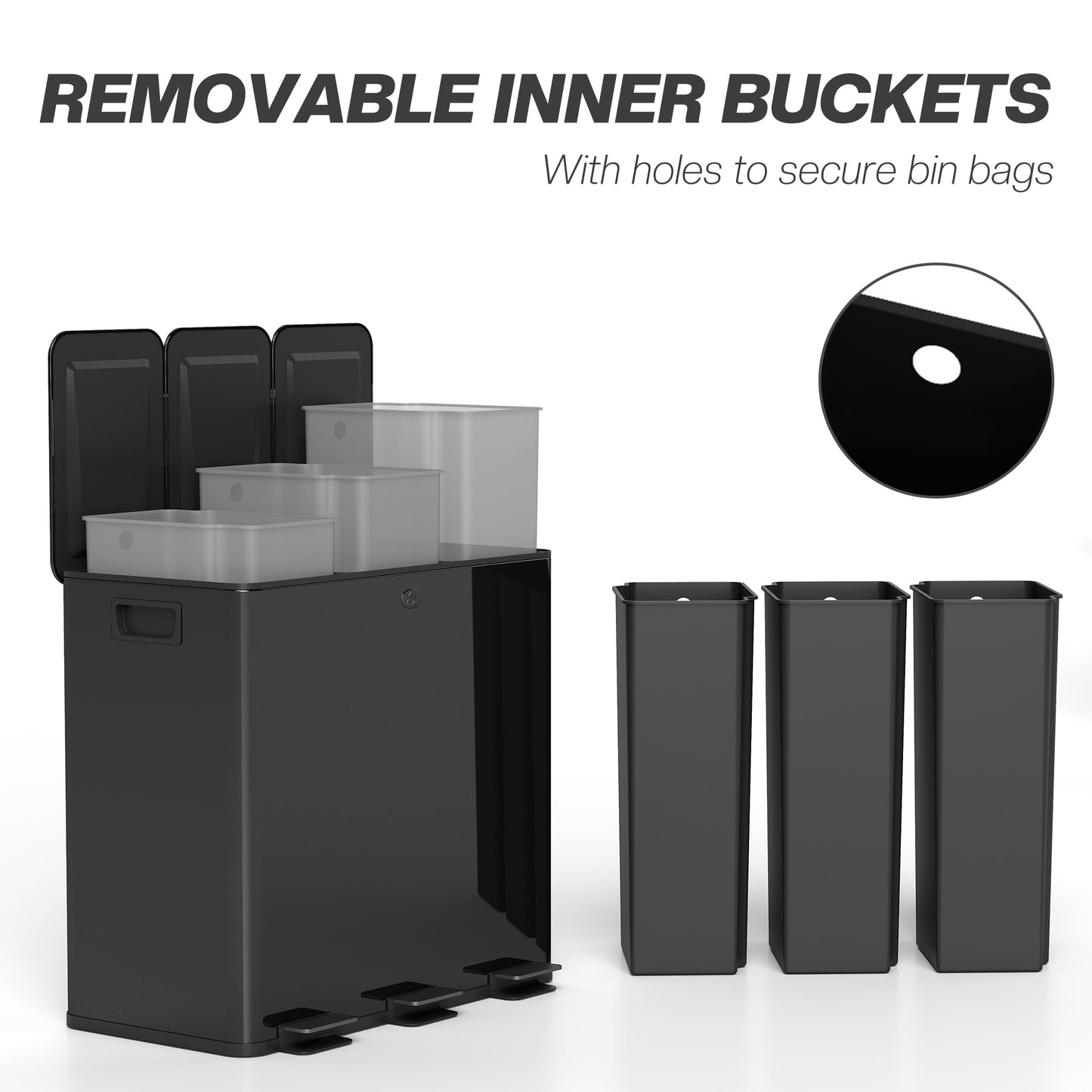 3 x 20L Pedal Bin, Steel Triple Kitchen Bin with Soft Close Lid, Removable Inner Buckets, Fingerprint-Proof, Black