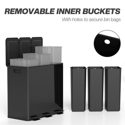 3 x 20L Pedal Bin, Steel Triple Kitchen Bin with Soft Close Lid, Removable Inner Buckets, Fingerprint-Proof, Black