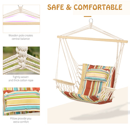 Garden Outdoor Hanging Hammock Chair Thick Rope Frame Wooden Arms Safe Garden Outdoor Spot Stylish Multi-Color Stripe