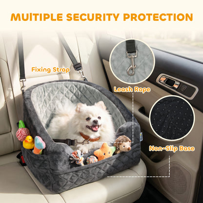 Dog Car Seat, Detachable Washable Dog Booster Seat with Thick Cushion, Seat Belt, Pockets for Small Under 10kg, Grey