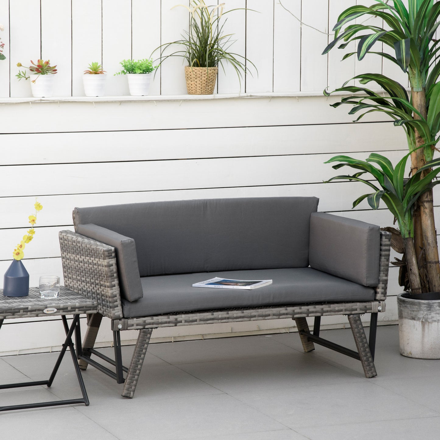 2 Seater Rattan Sofa with Cushions, 2-in-1 PE Rattan Daybed Sofa with Left Up or Down Armrests