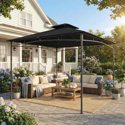 3 x 3 m Gazebo, Garden Gazebo with 2-Tier Roof, Metal Frame, Black