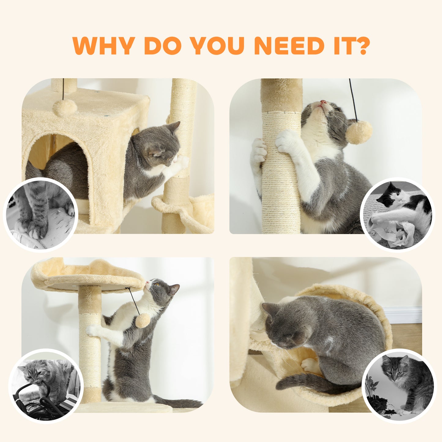 160cm Large Cat Tree Tower with Sisal Scratching Posts, Condos, Plush Perches, Hammock, Ladder, Beige