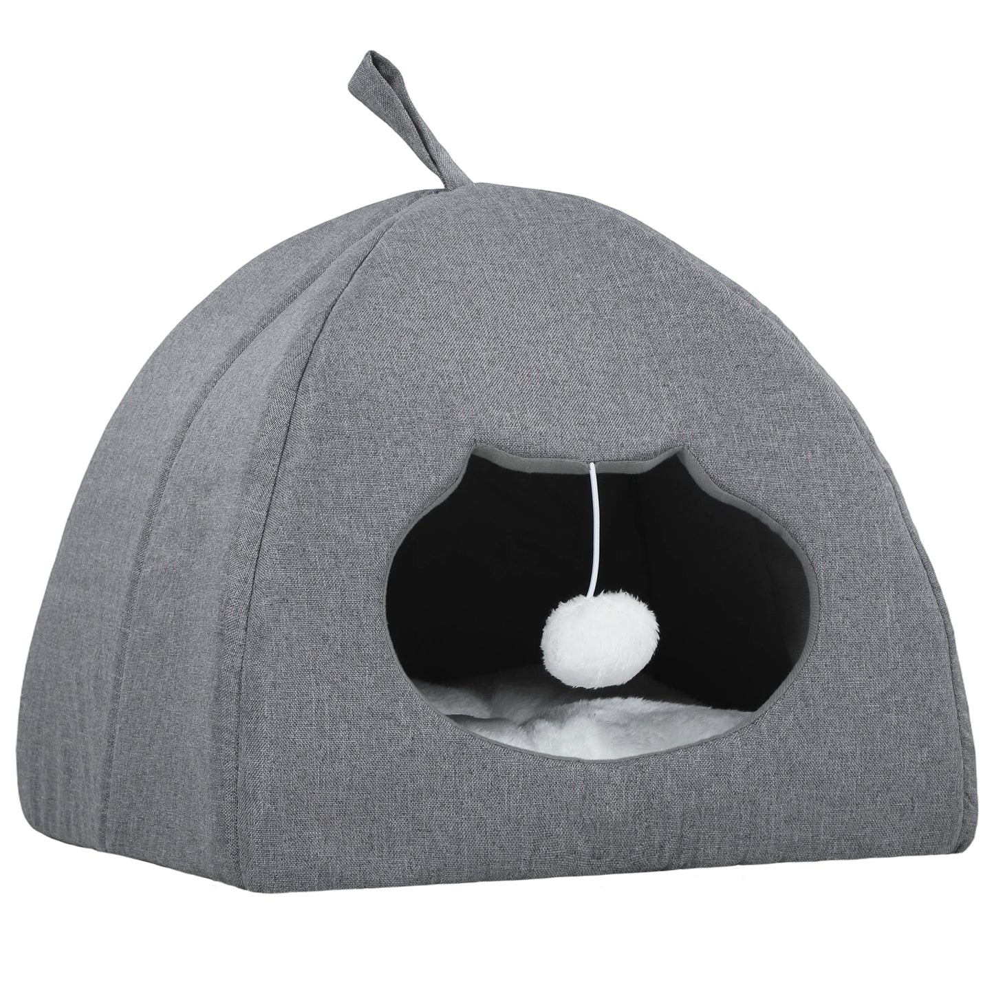 Cat Cave Bed for Indoor Kittens, Cat House with Removable Cushion and Teaser Ball, Kitty Igloo with Anti-Slip Base
