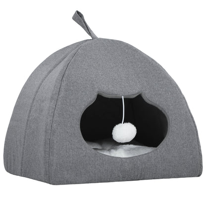 Cat Cave Bed for Indoor Kittens, Cat House with Removable Cushion and Teaser Ball, Kitty Igloo with Anti-Slip Base