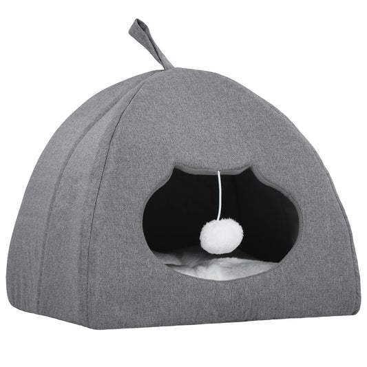 Cat Cave Bed for Indoor Kittens, Cat House with Removable Cushion and Teaser Ball, Kitty Igloo with Anti-Slip Base