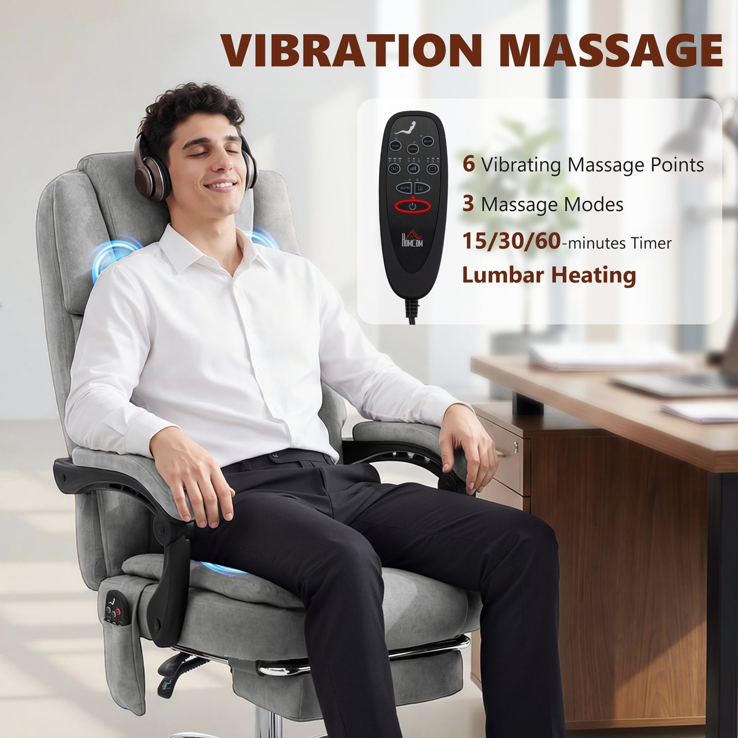 Office Chair with 6-Point Vibration Massage and Heat, Executive Computer Desk Chair with High Back, Reclining, Grey