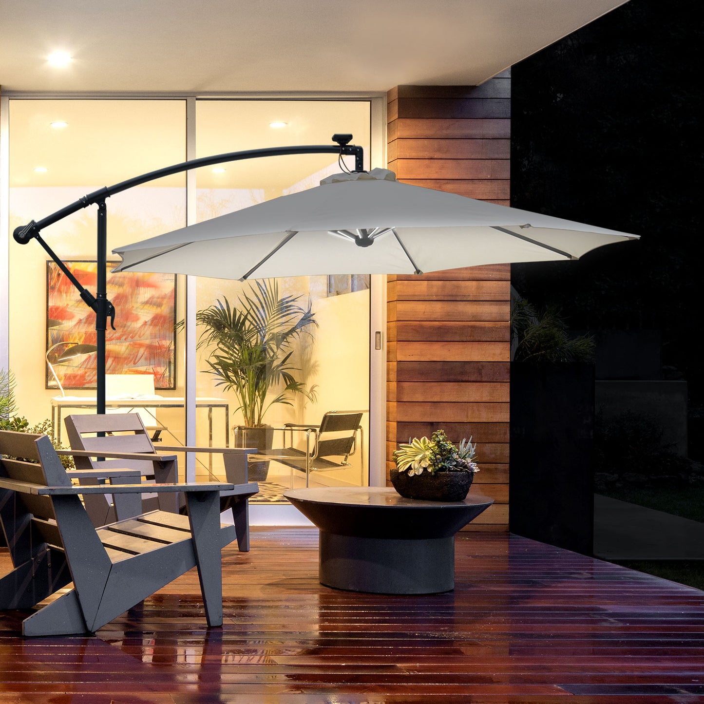 Umbrella Parasol W/Solar Powered LED strips, Φ2.95x2.45H m-Cream