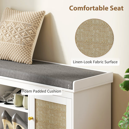 Boho Shoe Storage Bench with Padded Cushion and Rattan Doors - White