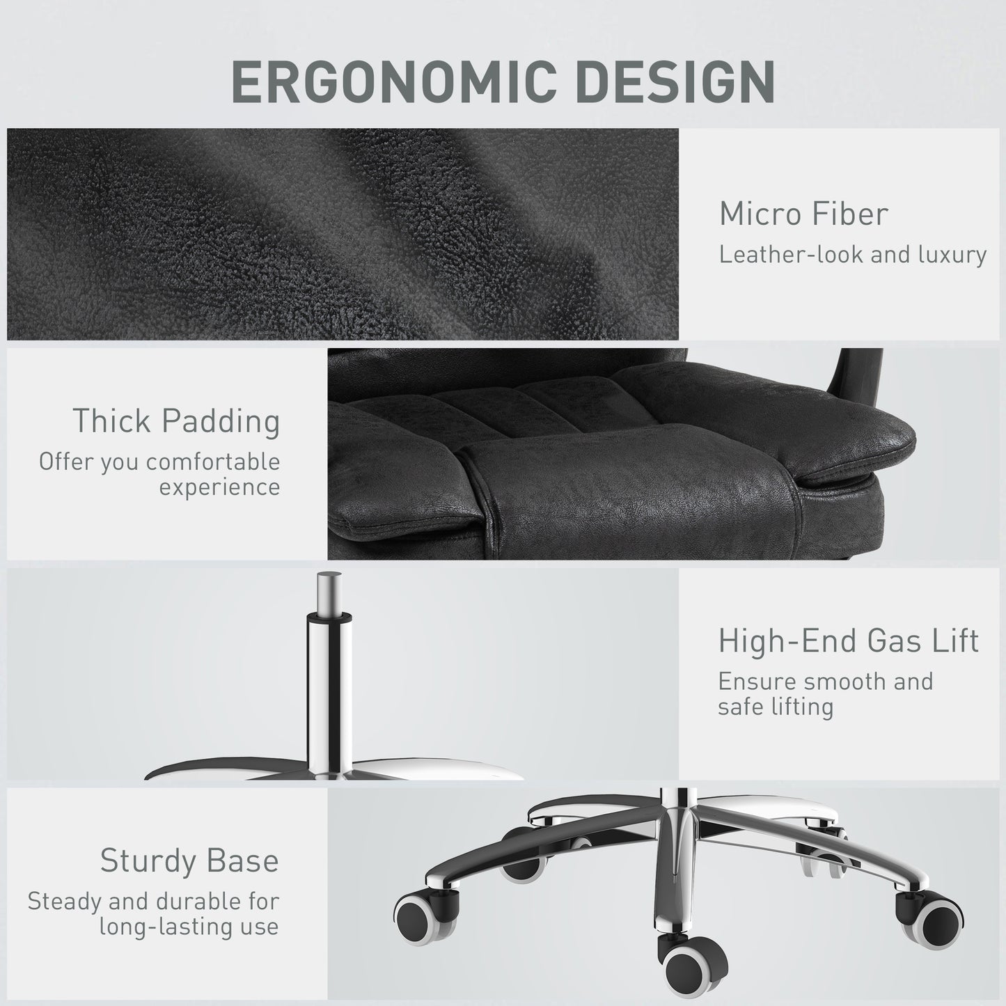 Home Office Chair Microfibre Desk Chair with Reclining Function Armrests Swivel Wheels Footrest Black