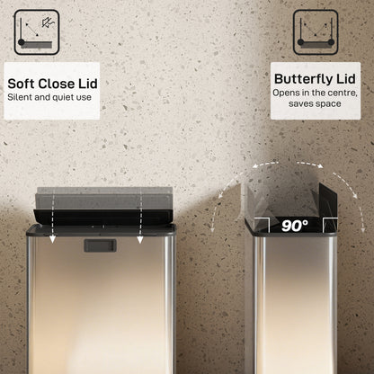 Dual Kitchen Bin with Soft-Close Butterfly Lid, 2 x 28L Stainless Steel Pedal Bin with Removable Inner Buckets