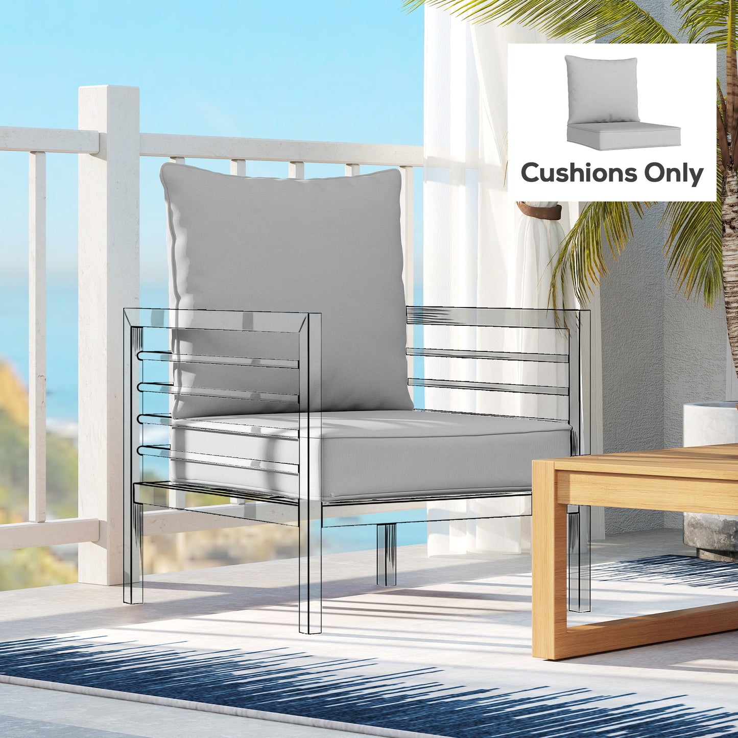 Outdoor Seat and Back Cushion Set, 63L x 55W x 15Dcm Patio Deep Seating Chair Fade Resistant Replacement Cushion, Light Grey