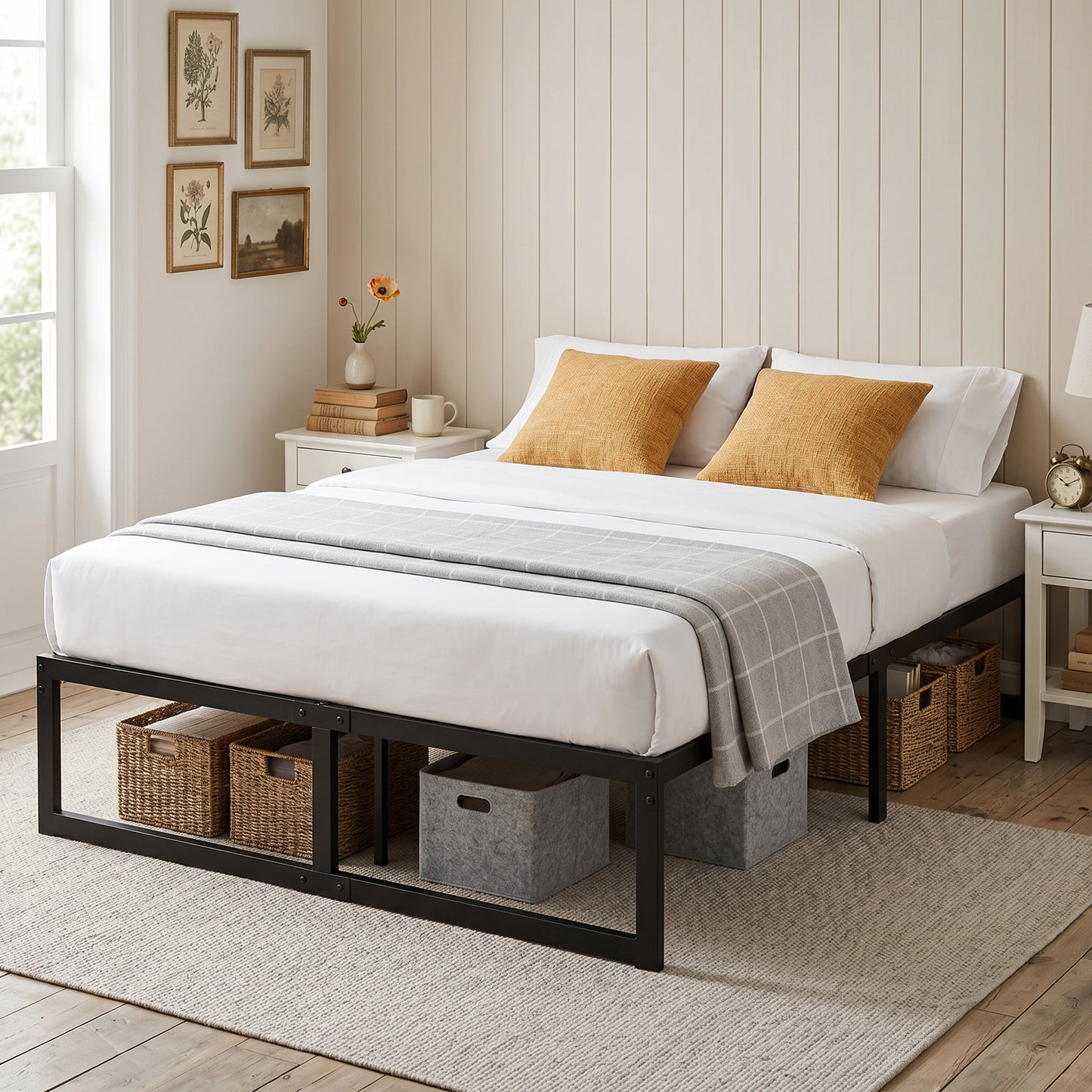 4ft Small Double Bed Frame with Underbed Storage and Steel Slat Support, 32.5 cm Height, Noise-Free, Black