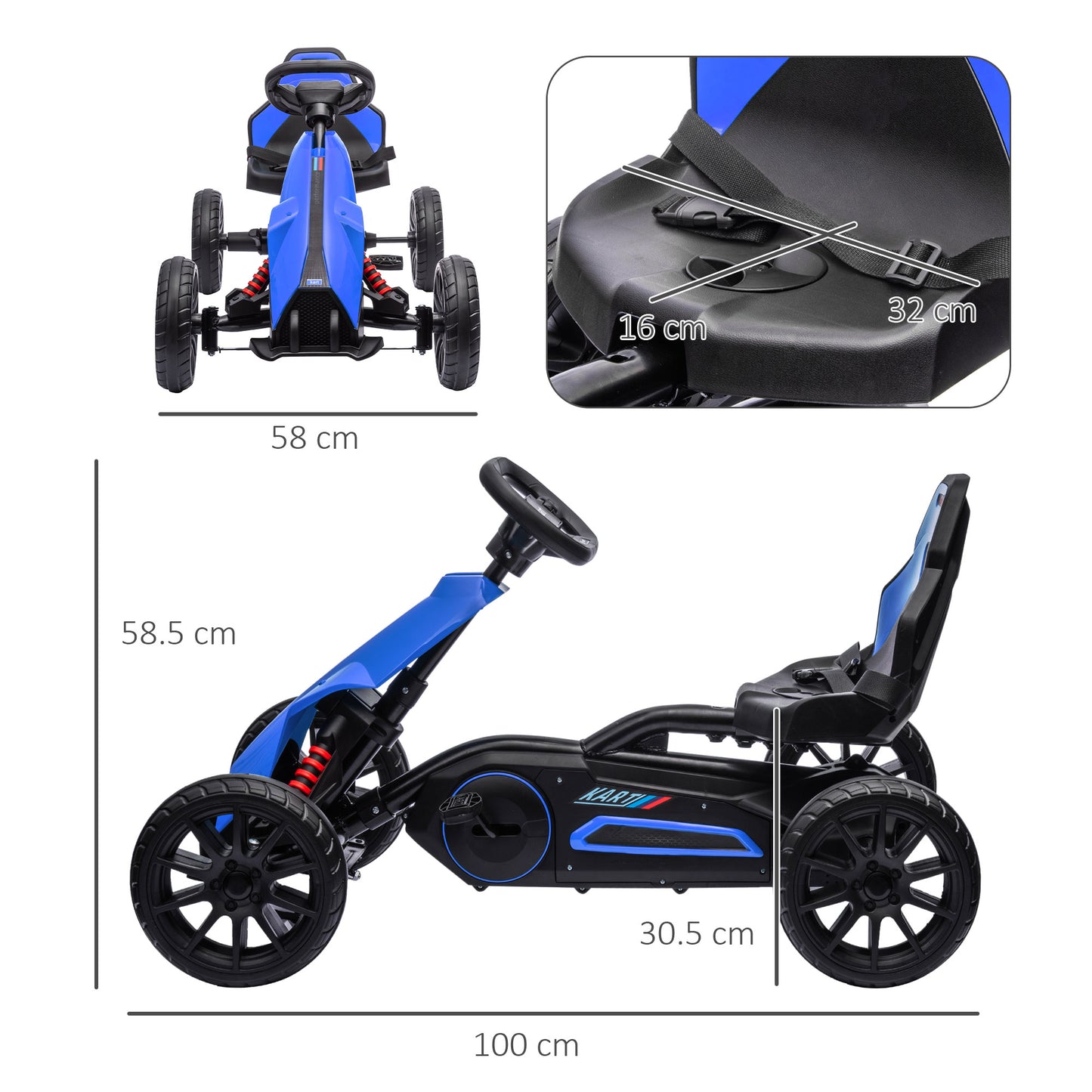 Kids Pedal Go Kart, with Adjustable Seat, EVA Wheels, Seat, Handbrake - Blue