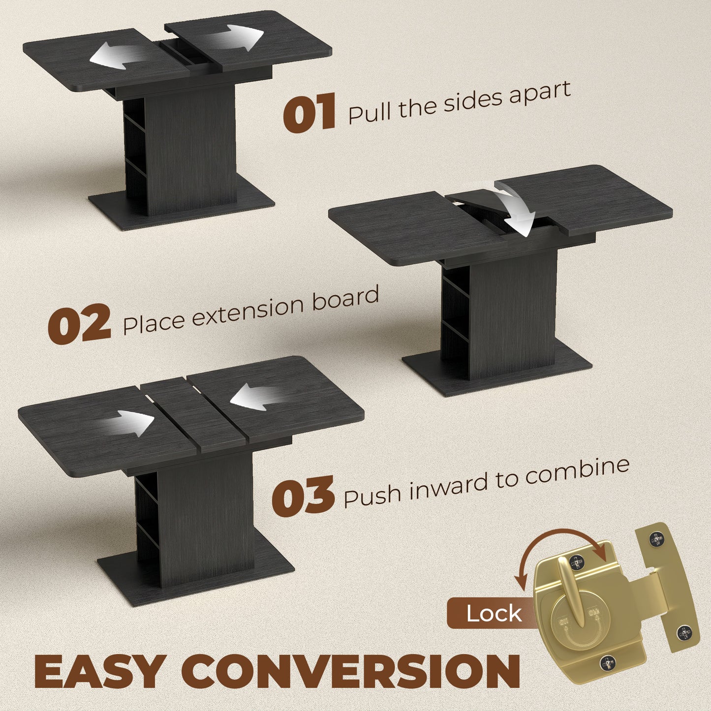 Extendable Dining Table for 4-6 People, 110-130cm Kitchen Table with 6 Open Shelves, Black