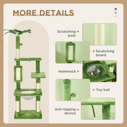 142cm Cat Tree Tower, with Scratching Post, Hammock, Toy Ball, Platforms - Green