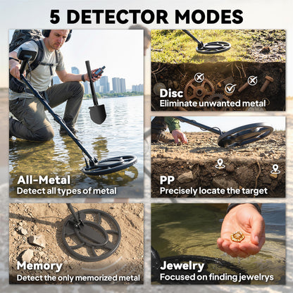 Metal Detector for Adults, IP68 Waterproof Search Coil with LCD Display, 5 Modes Gold Detector with Carry Bag, Shovel
