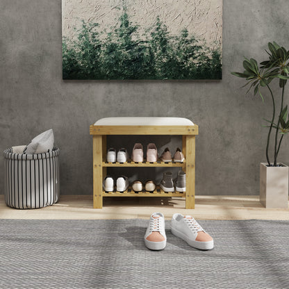 Bamboo Shoe Storage Bench, 3-Tier Shoe Bench with Seat Cushion, Shoe Rack for Entryway, Hallway, Living Room, Bedroom