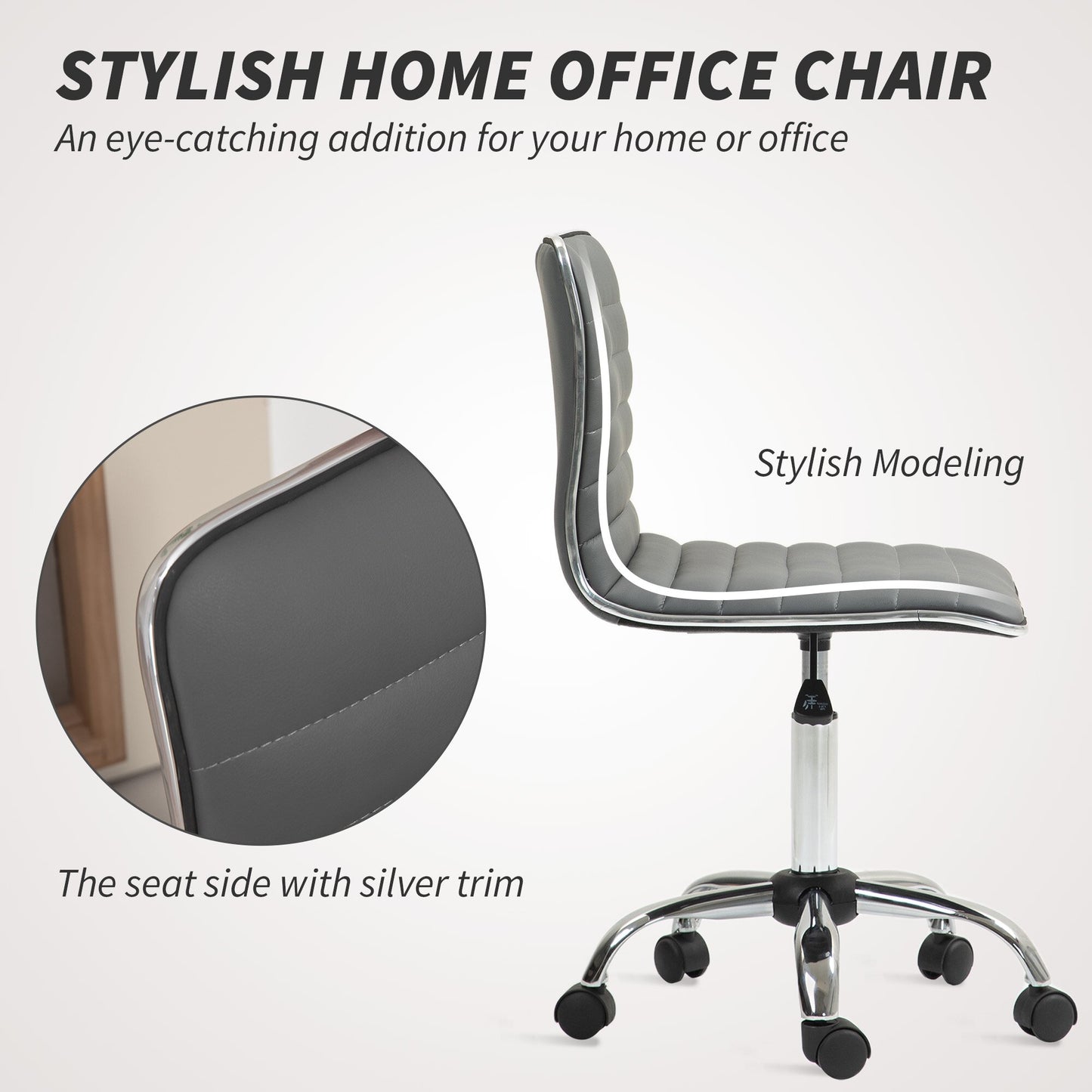 Armless Task Desk Chair, Swivel Office Chair with Faux Leather, Adjustable Seat Height, Chrome Base, Wheels for Home
