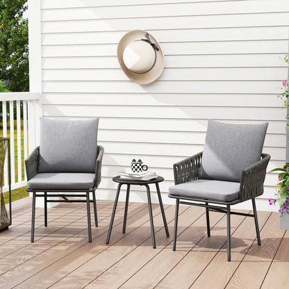 3-Piece Rattan Bistro Set, Garden Table and Chairs with 4 Cushions, Patio Rattan Conversation Furniture Set for Balcony