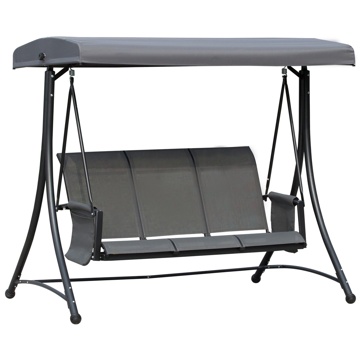 3 Person Outdoor Patio Porch Swing Chair with High Back Design and Side Pouches, Charcoal Grey