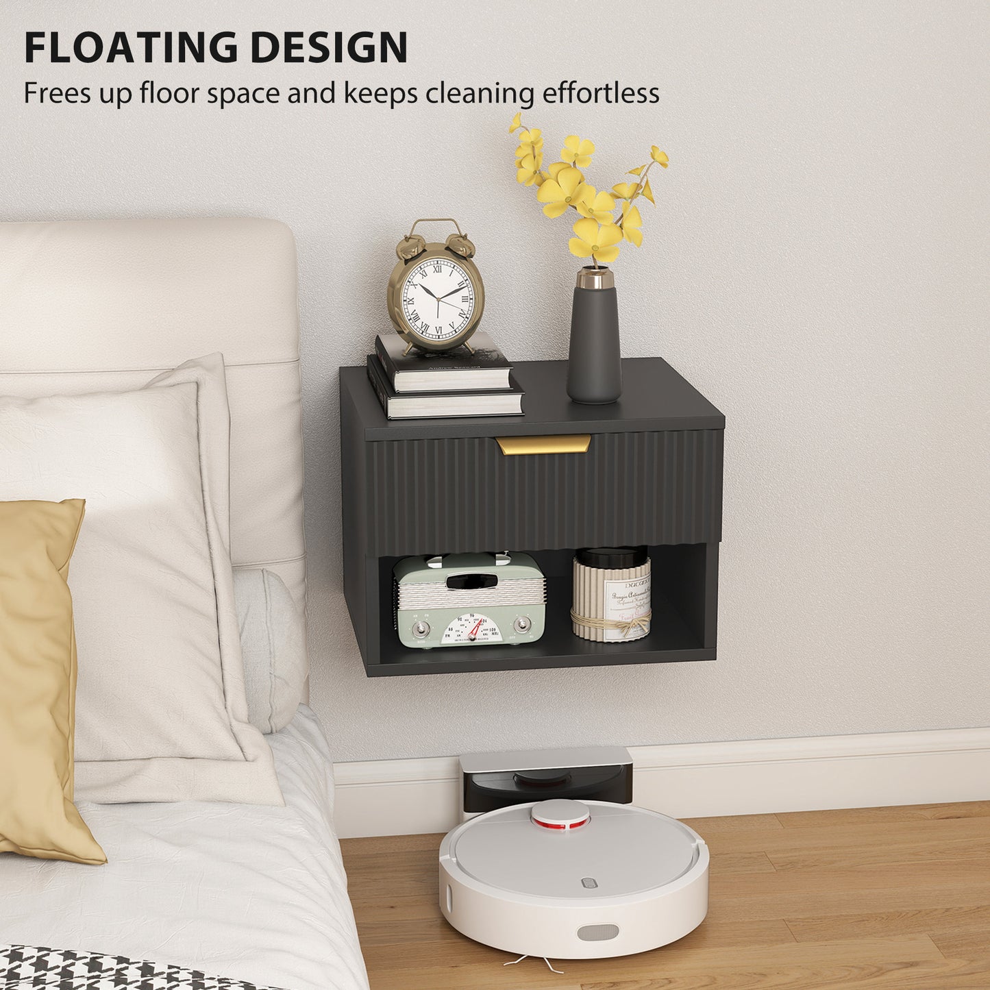 Floating Nightstands Set of 2, Modern Wall Mounted Bedside Tables, Black