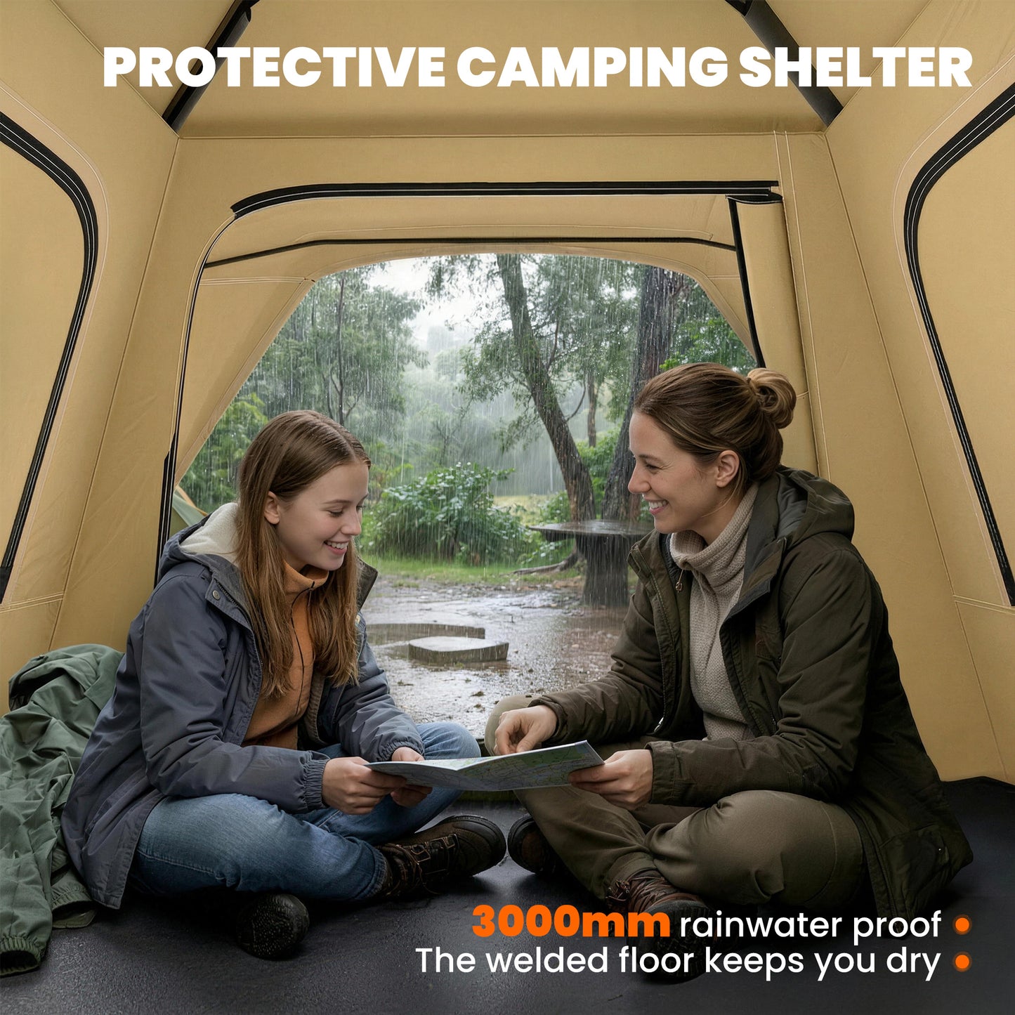 Pop Up Tent 3000mm Waterproof Camping Tents with Mesh Windows 2-3 People Khaki
