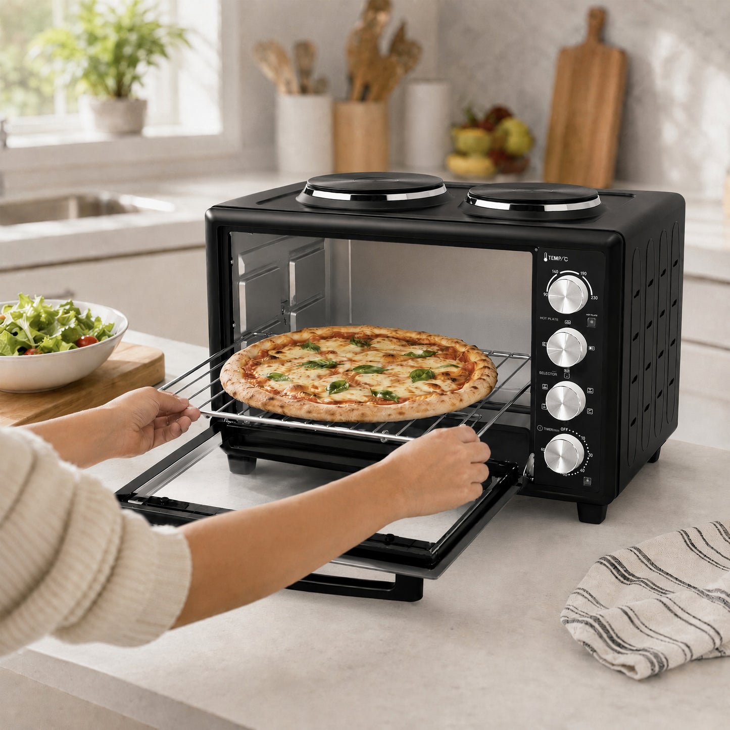 36L Mini Oven with Dual Hot Plates, Electric Countertop Cooker with Convection, 90–230°C Adjustable Temperature