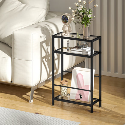 3-Tier Side Table, Narrow End Table with Storage Shelf and Tempered Glass Tabletop for Small Spaces, Black