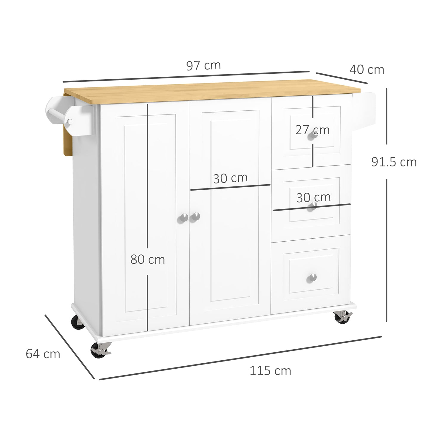 Kitchen Island with Drop Leaf, Rolling Kitchen Storage Trolley on Wheels with 3 Drawers, Spice Rack and Towel Rack