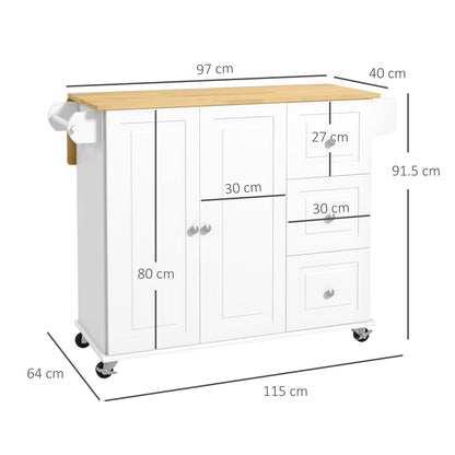Kitchen Island with Drop Leaf, Rolling Kitchen Storage Trolley on Wheels with 3 Drawers, Spice Rack and Towel Rack
