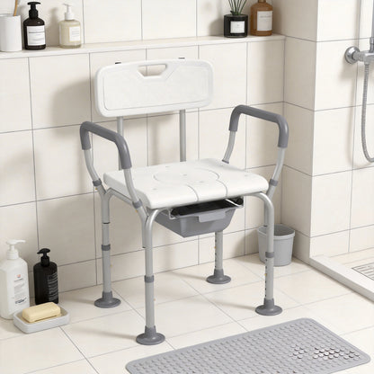 Height Adjustable Shower Stool with Arms and Back, Non-Slip Bedside Commode with Detachable Bucket for Elderly, White
