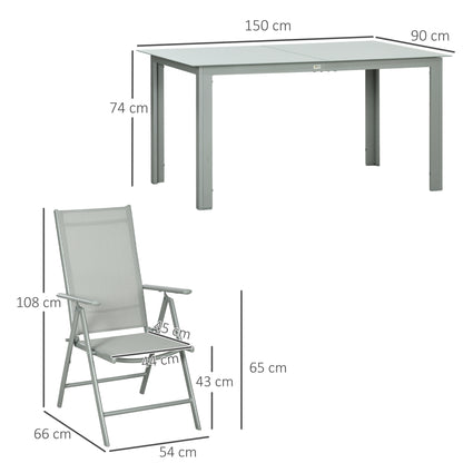 7 Piece Garden Dining Set, Outdoor Table and 6 Folding and Reclining Chairs, Aluminium Frame, Tempered Glass Top Table