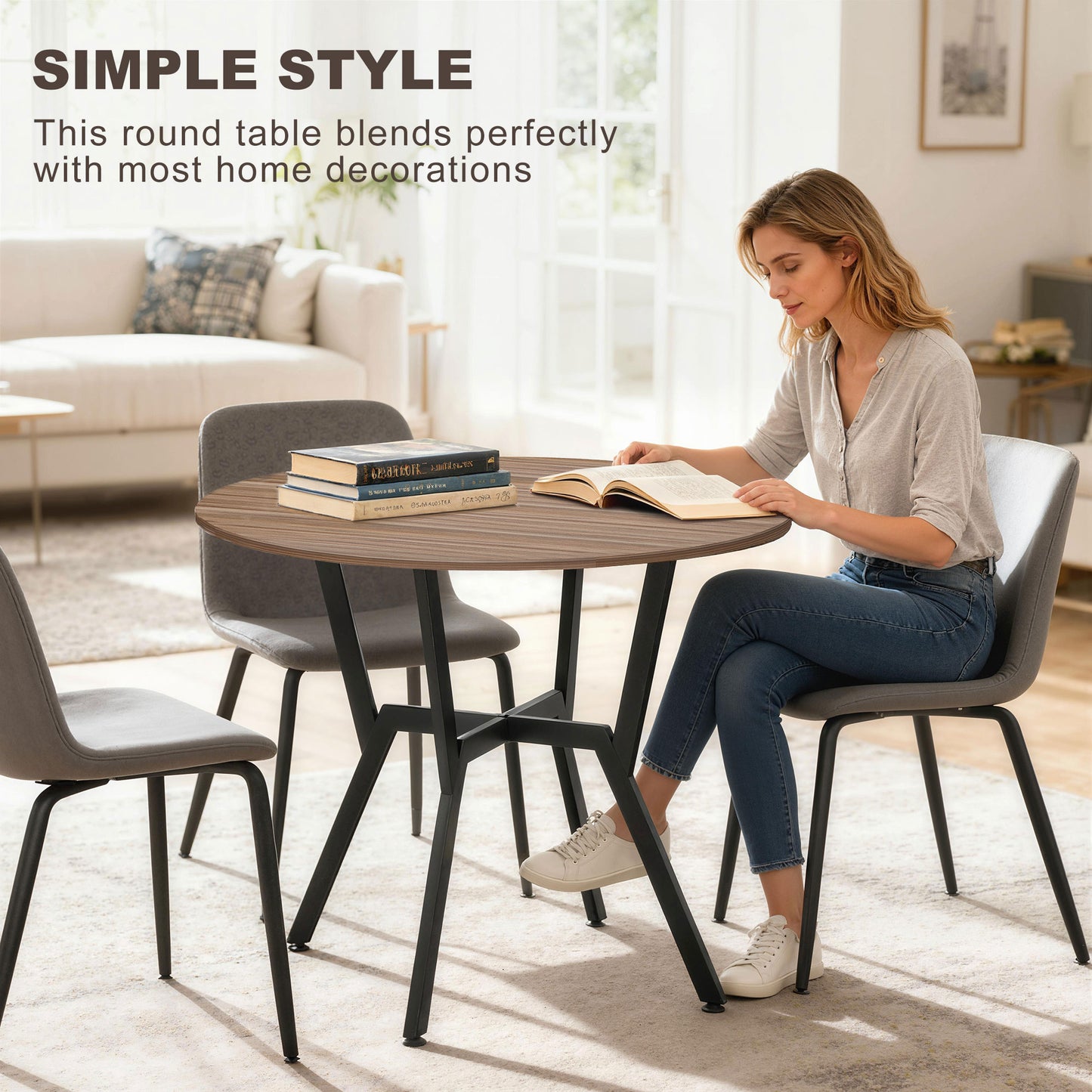Dining Table, Round Kitchen Table with Black Legs, Anti-slip Foot Pads for Living Room, Dining Room 90 x 76 cm, Brown