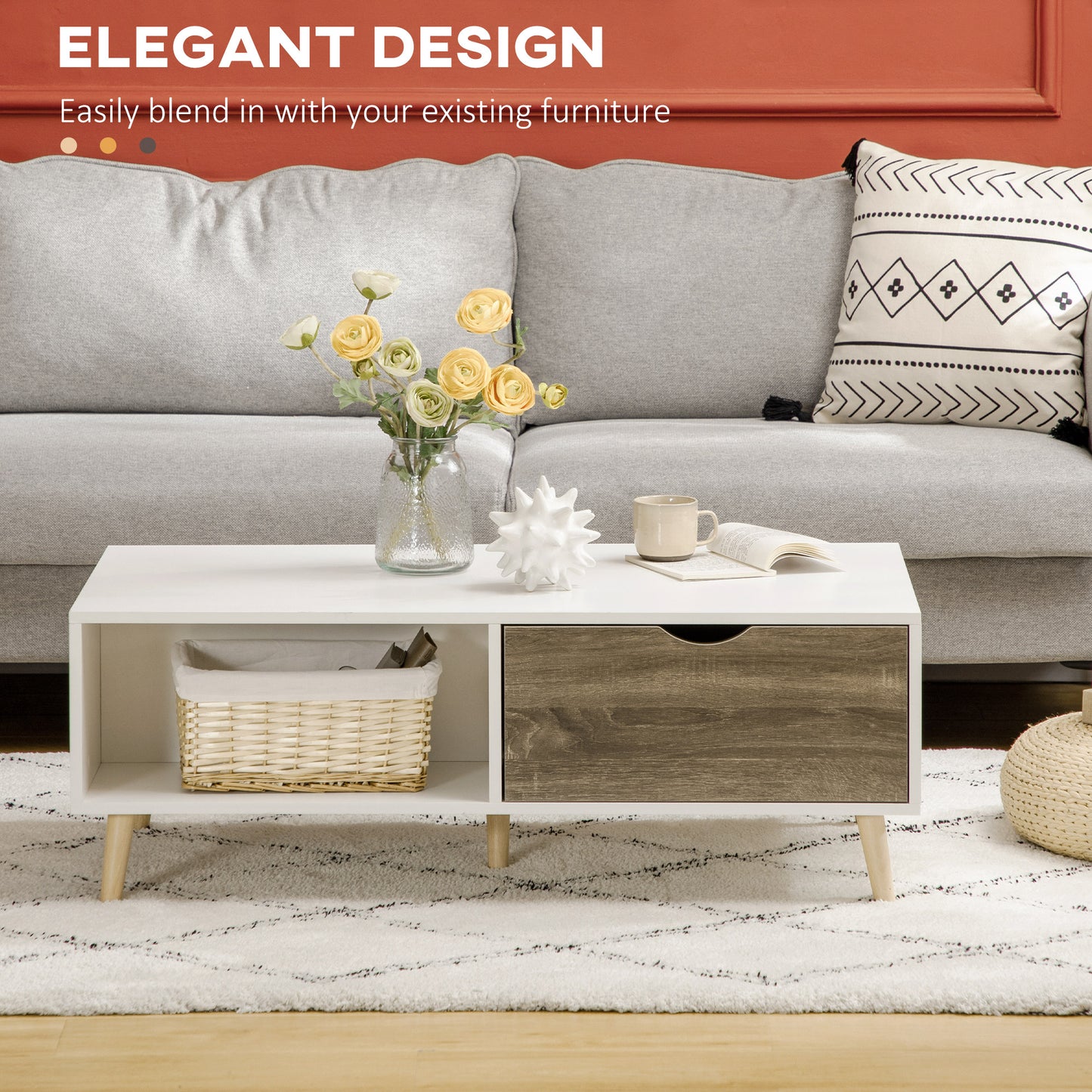 Coffee Table, Modern Tea Table with Open Storage Shelves, Two Drawers and Solid Wood Legs, Coffee Tables for Living Room