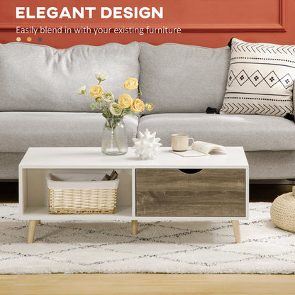 Coffee Table, Modern Tea Table with Open Storage Shelves, Two Drawers and Solid Wood Legs, Coffee Tables for Living Room