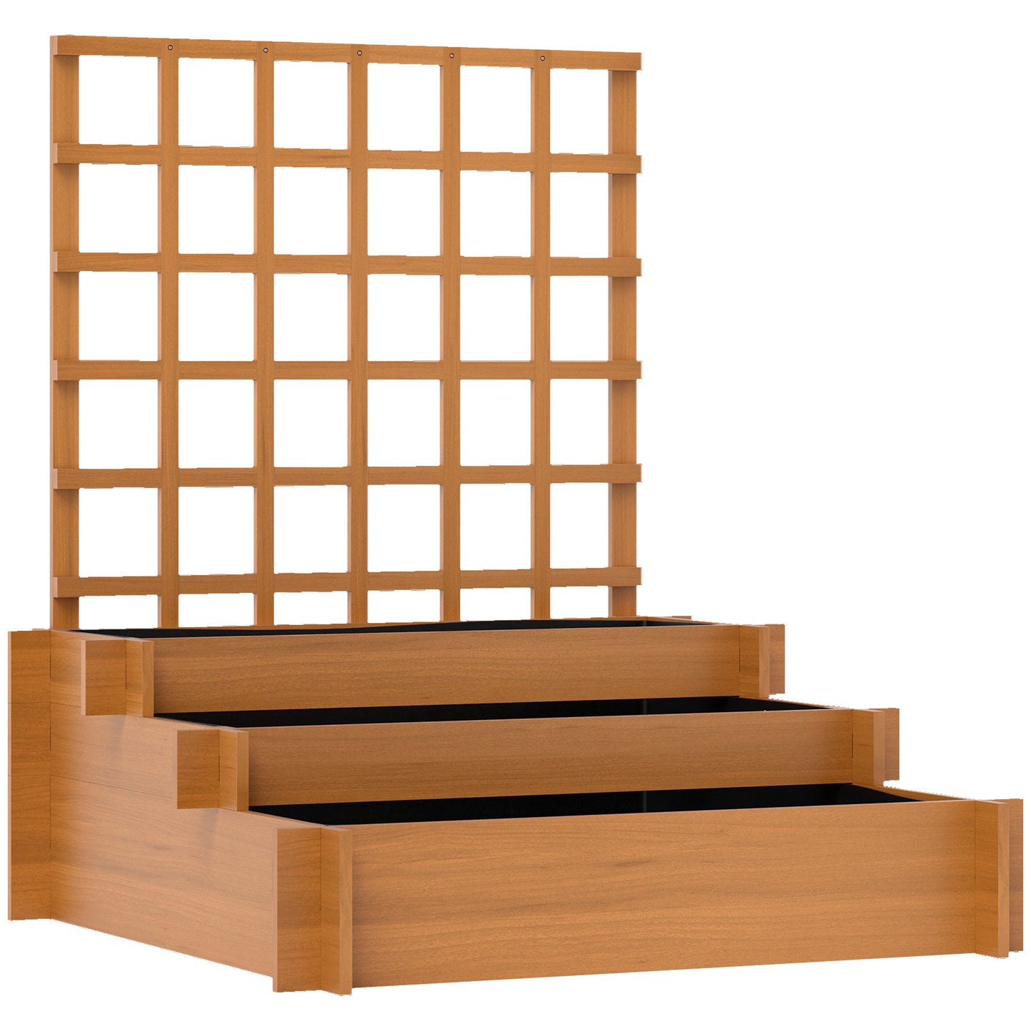 3 Tier Garden Planters with Trellis for Vine Climbing, Wooden Raised Beds, 95x95x110cm, Brown